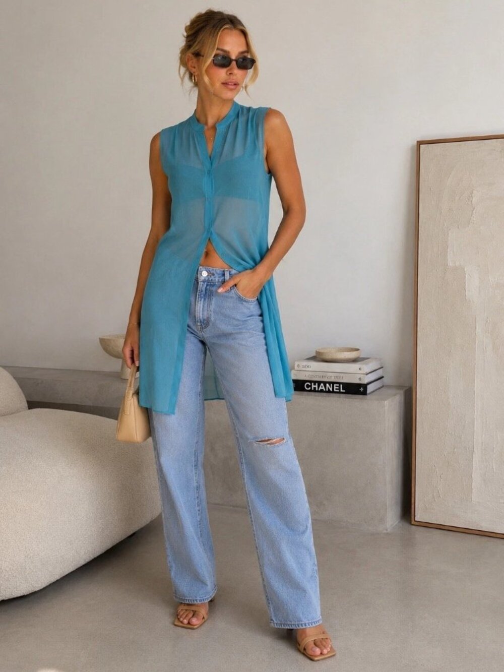 NWT Eileen Fisher River Sheer Silk Georgette Mandarin Collar Shirt